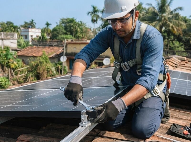 Technician Installing Solar Panels